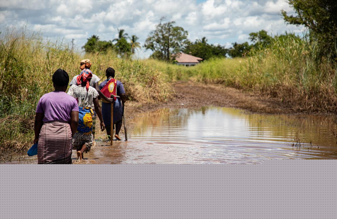 The all-women farmers association, Vamos Prouzir, walks through flooding to assess the damage done to their farmland in Buzi, Mozambique.